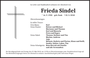 Traueranzeige von Frieda Sindel von Dinkelsbuhl/ Feuchtwangen