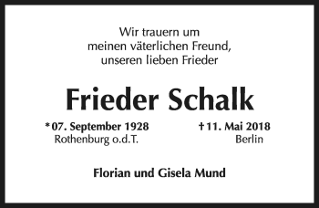 Traueranzeige von Frieder Schalk von Rothenburg