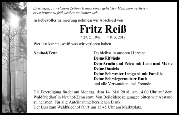 Traueranzeige von Fritz Reiß von Neustadt/ Scheinfeld/ Uffenheim