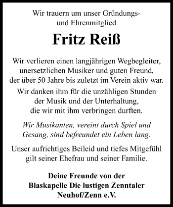 Traueranzeige von Fritz Reiß von Neustadt/ Scheinfeld/ Uffenheim