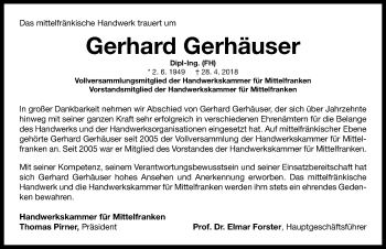 Traueranzeige von Gerhard Gerhäuser von Neustadt/ Scheinfeld/ Uffenheim