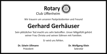 Traueranzeige von Gerhard Gerhäuser von Neustadt/ Scheinfeld/ Uffenheim