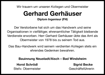 Traueranzeige von Gerhard Gerhäuser von Neustadt/ Scheinfeld/ Uffenheim