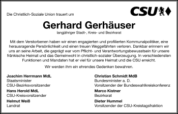 Traueranzeige von Gerhard Gerhäuser von Neustadt/ Scheinfeld/ Uffenheim