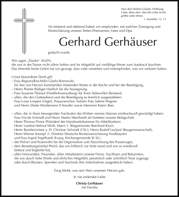 Traueranzeige von Gerhard Gerhäuser von Neustadt/ Scheinfeld/ Uffenheim