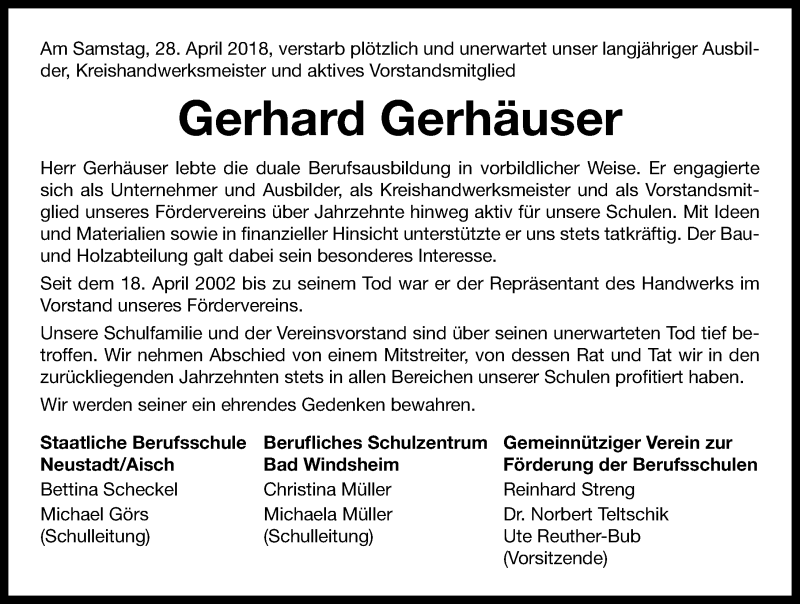  Traueranzeige für Gerhard Gerhäuser vom 03.05.2018 aus Neustadt/ Scheinfeld/ Uffenheim