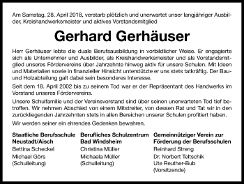 Traueranzeige von Gerhard Gerhäuser von Neustadt/ Scheinfeld/ Uffenheim