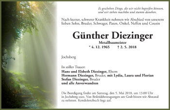 Traueranzeige von Günther Diezinger von Ansbach