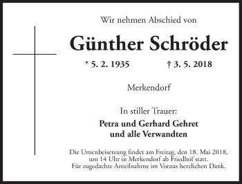 Traueranzeige von Günther Schröder von Ansbach