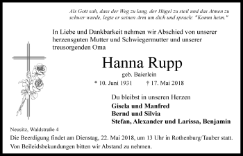 Traueranzeige von Hanna Rupp von Rothenburg