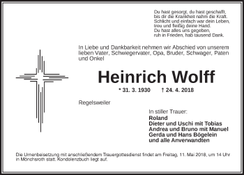 Traueranzeige von Heinrich Wolff von Dinkelsbühl/ Feuchtwangen