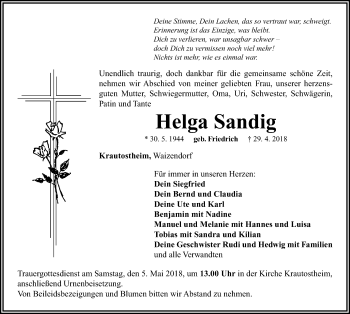 Traueranzeige von Helga Sandig von Neustadt/ Scheinfeld/ Uffenheim