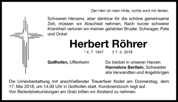 Traueranzeige von Herbert Röhrer von Neustadt/ Scheinfeld/ Uffenheim