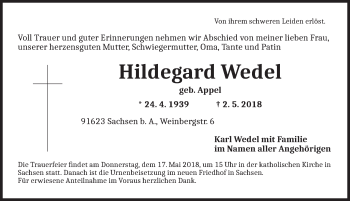 Traueranzeige von Hildegard Wedel von Ansbach