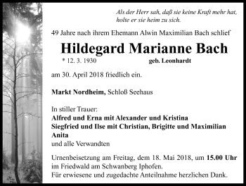 Traueranzeige von Hildegard Marianne Bach von Neustadt/ Scheinfeld/ Uffenheim