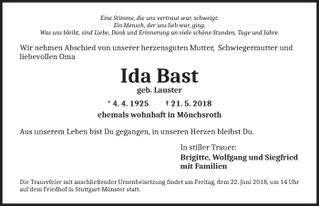 Traueranzeige von Ida Bast von Dinkelsbühl/ Feuchtwangen