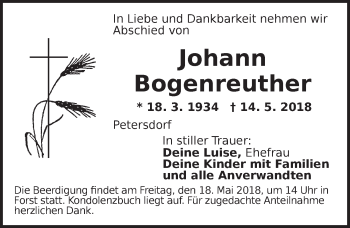 Traueranzeige von Johann Bogenreuther von Ansbach