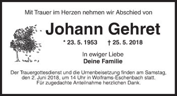 Traueranzeige von Johann Gehret von Ansbach