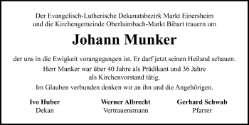 Traueranzeige von Johann Munker von Neustadt/ Scheinfeld/ Uffenheim