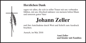 Traueranzeige von Johann Zeller von Dinkelsbühl/ Feuchtwangen