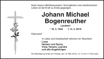 Traueranzeige von Johann Michael Bogenreuther von Ansbach