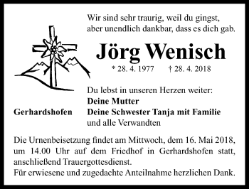 Traueranzeige von Jörg Wenisch von Neustadt/ Scheinfeld/ Uffenheim