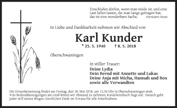 Traueranzeige von Karl Kunder von Dinkelsbuhl/ Feuchtwangen