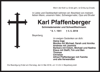 Traueranzeige von Karl Pfaffenberger von Dinkelsbühl/ Feuchtwangen