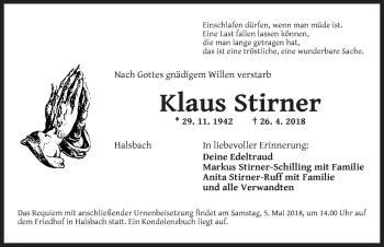 Traueranzeige von Klaus Stirner von Dinkelsbühl/ Feuchtwangen