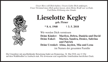 Traueranzeige von Lieselotte Kegley von Ansbach