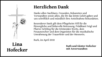 Traueranzeige von Lina Hofecker von Dinkelsbühl/ Feuchtwangen