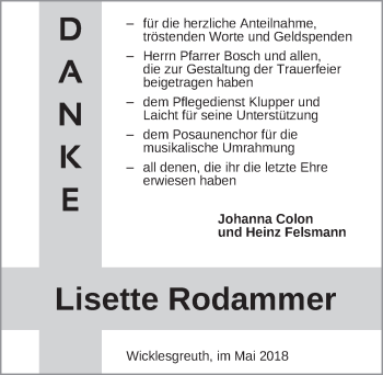 Traueranzeige von Lisette Rodammer von Ansbach