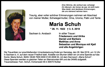 Traueranzeige von Maria Schuh von Ansbach