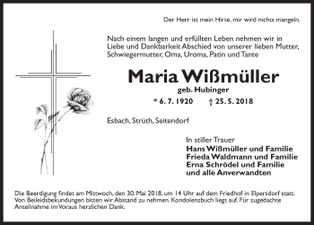 Traueranzeige von Maria Wißmüller von Ansbach