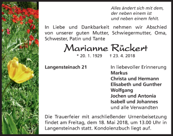 Traueranzeige von Marianne Rückert von Neustadt/ Scheinfeld/ Uffenheim