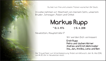 Traueranzeige von Markus Rupp von Ansbach