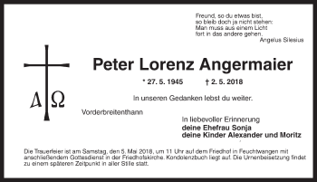 Traueranzeige von Peter Lorenz Angermaier von Dinkelsbuhl/ Feuchtwangen