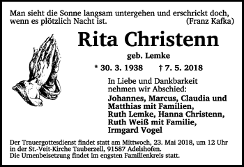 Traueranzeige von Rita Christenn von Rothenburg