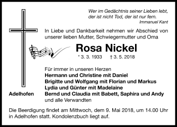 Traueranzeige von Rosa Nickel von Neustadt/ Scheinfeld/ Uffenheim