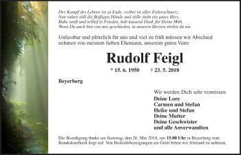 Traueranzeige von Rudolf Feigl von Dinkelsbühl/ Feuchtwangen