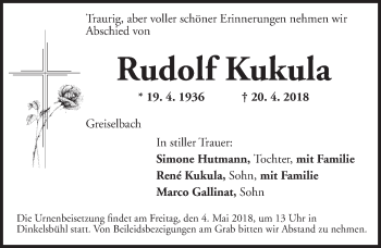 Traueranzeige von Rudolf Kukula von Dinkelsbühl/ Feuchtwangen