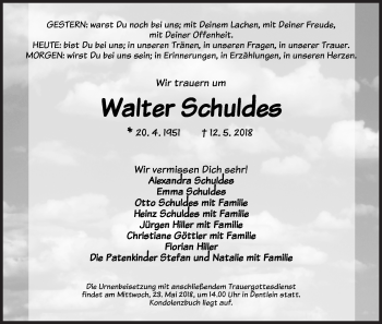 Traueranzeige von Walter Schuldes von Dinkelsbuhl/ Feuchtwangen