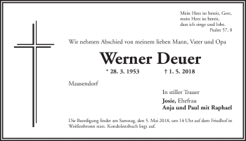 Traueranzeige von Werner Deuer von Fränkische Landeszeitung