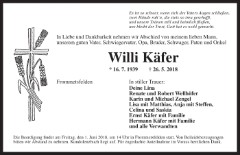 Traueranzeige von Willi Käfer von Ansbach