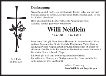 Traueranzeige von Willi Neidlein von Dinkelsbuhl/ Feuchtwangen