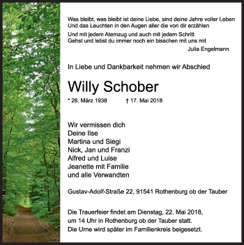 Traueranzeige von Willy Schober von Rothenburg