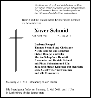 Traueranzeige von Xaver Schmid von Rothenburg