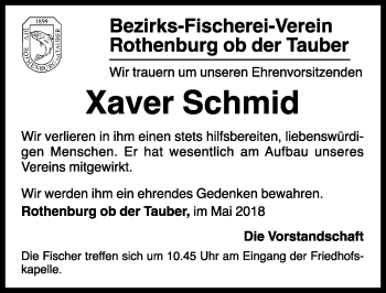 Traueranzeige von Xaver Schmid von Rothenburg