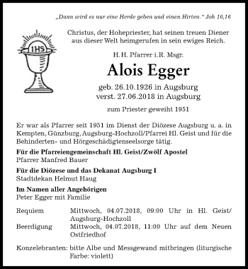 Traueranzeige von Alois Egger von Dinkelsbühl/ Feuchtwangen