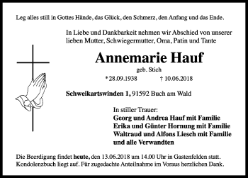 Traueranzeige von Annemarie Hauf von Rothenburg